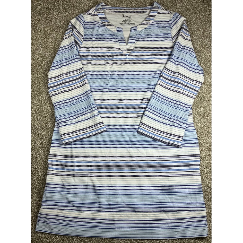 LL Bean Womens Blue White Striped Split Neck 3/4 Sleeve Dress Coverup Size Med